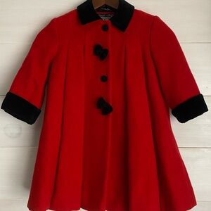Vtg Rothschild 100% Wool Girls Red Swing Coat 3T Black Velvet Trim